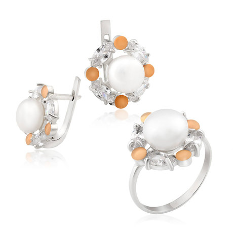 Срібний набір з перлами і фіанітами «Медея»